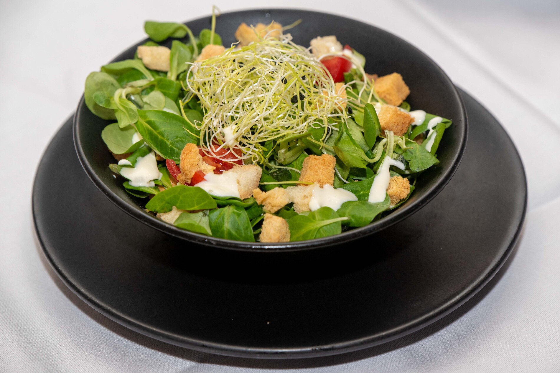 zelena salata s tostiranim kruhom i preljevom od majoneze i parmezana